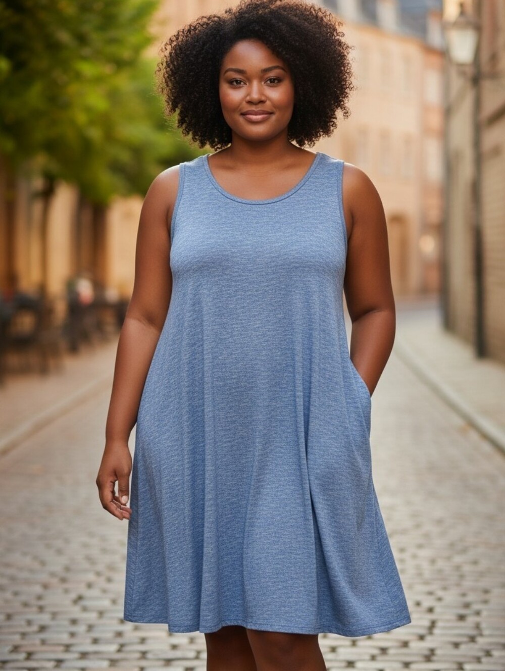 Umgee Women’s Sleeveless Scoop Neck Dress — Blue, Size 1X